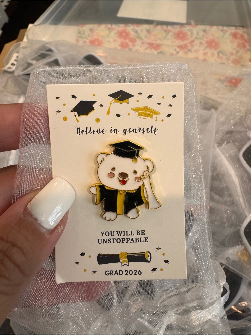 30 Graduation Bear Enamel Pin party Favors- White and Gold